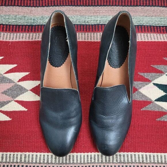 Latigo Kala Leather Loafer Pump Sz 8.5 Black Wooden Block Heel Office Work Caree - Picture 2 of 9